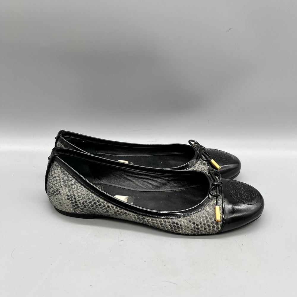 Tory Burch Shoes Womens 6 Black Gray Snakeskin Patent Cap Toe Ballet Flats Bow